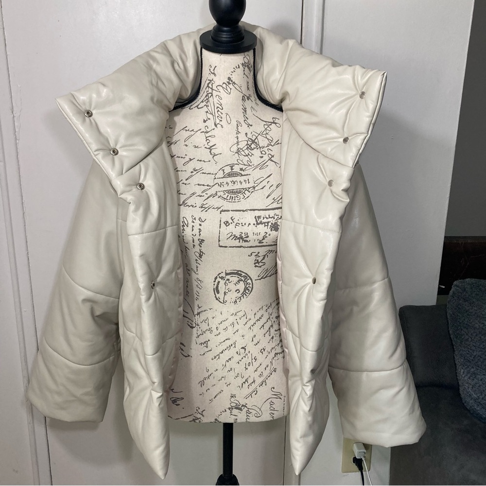 Faux Leather Cream Puffer Jacket High Neck Funnel Neck Coat - Picture 11 of 17